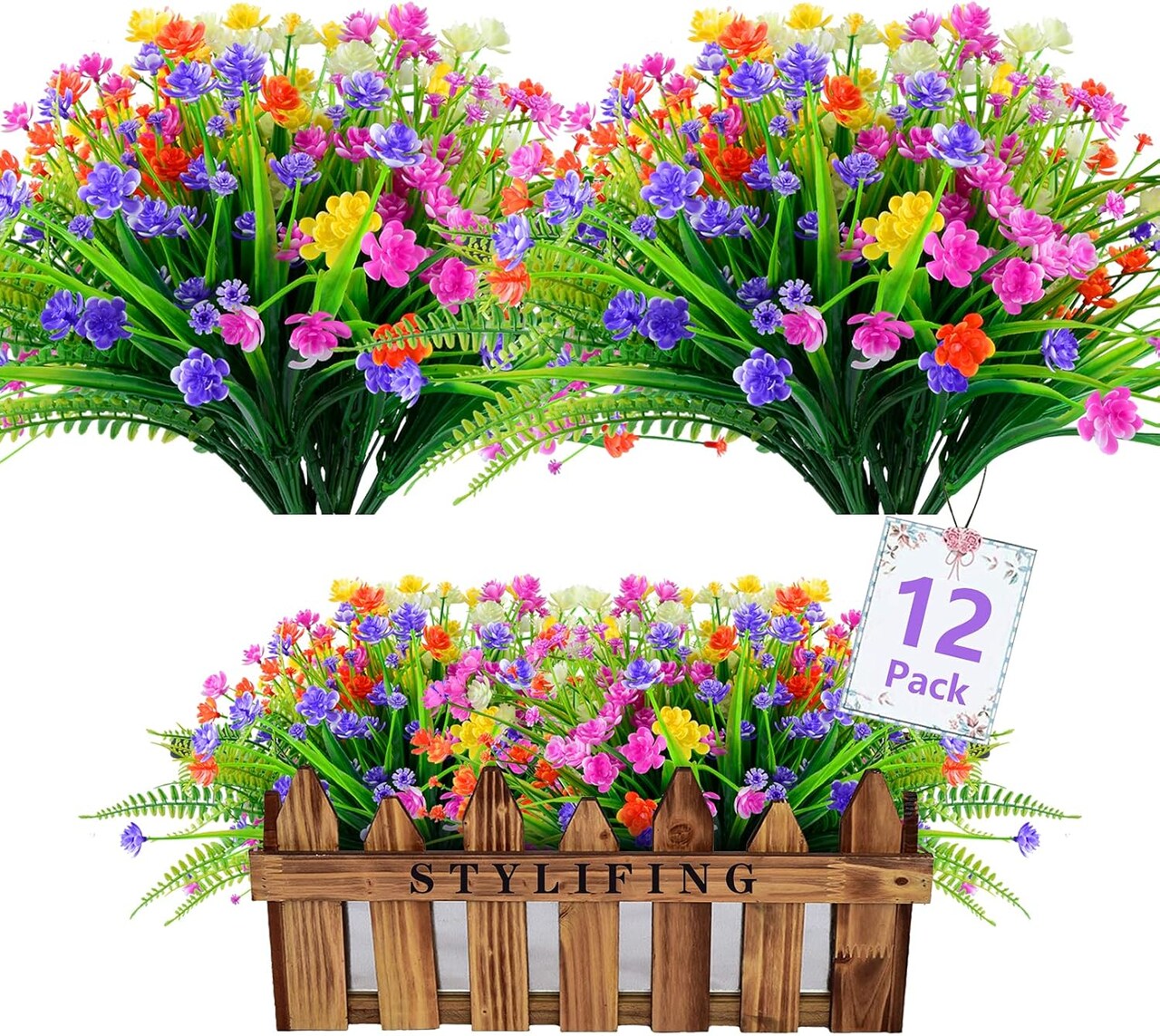 12 Bundles Summer Potted Plants Artificial Flowers for Outdoor UV Resistant Plastic Plants Fake Flowers